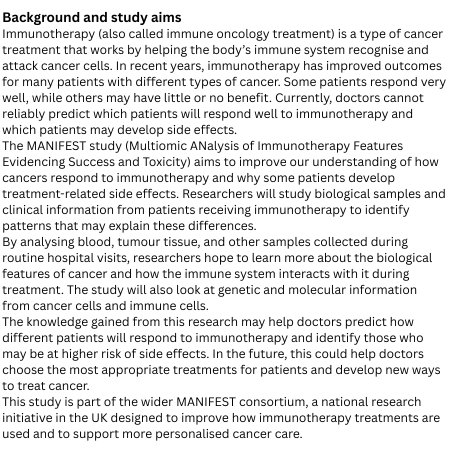 ISRCTN's tweet photo. Understanding why cancer immunotherapy helps some people but causes side effects in others. The MANIFEST study registered at #ISRCTN by @MANIFEST_CIRRP

https://t.co/6KkUvsnND2

#clinicaltrials https://t.co/YyW6ZF0n3T