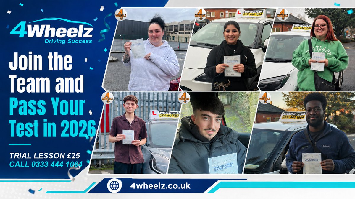 4Wheelzltd's tweet photo. 🚗 Ready to start driving in 2026?

Book a £25 Trial Lesson with 4 Wheelz. Meet your instructor, try the car and start your journey towards test success.

Spaces in Birmingham areas, Dudley, Coventry, Wolverhampton &amp; Worcester.

📞 0333 444 1064

#LearnToDrive #DrivingLessons https://t.co/UR8faYURJK