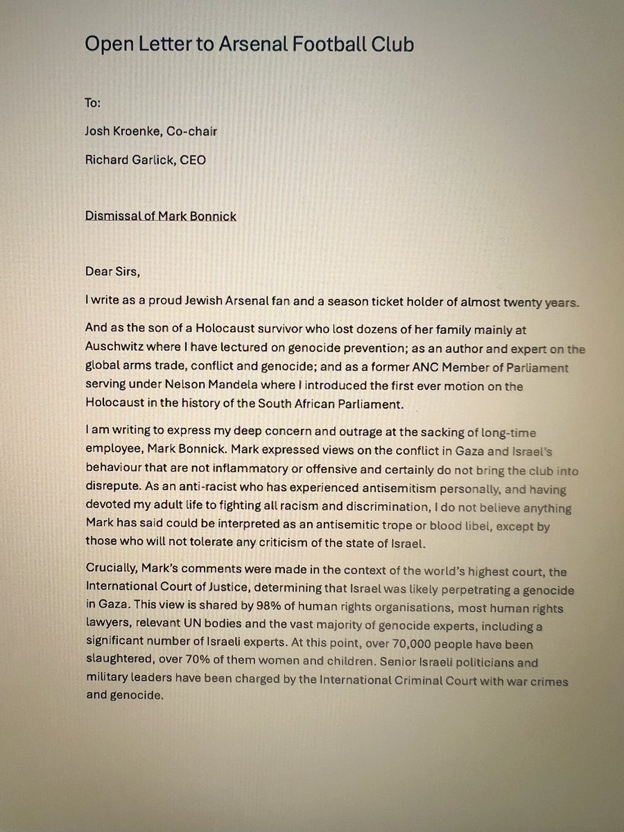 andrewfeinstein's tweet photo. My open letter to Arsenal about their indefensible firing of Mark Bonnick because of his views on the genocide in Palestine https://t.co/YkNcjFePFF