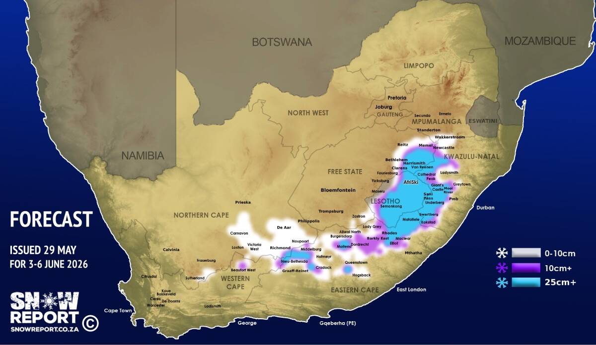 SnowReportSA's tweet photo. ❄ ADVANCE SNOW FORECAST: Snow possible in six SA provinces and Lesotho next week – heavy in some areas – heavy in some areas - more details at https://t.co/qs5oMScTA4 #snowreportsa #africansnow #weather https://t.co/tDXM1xsziW