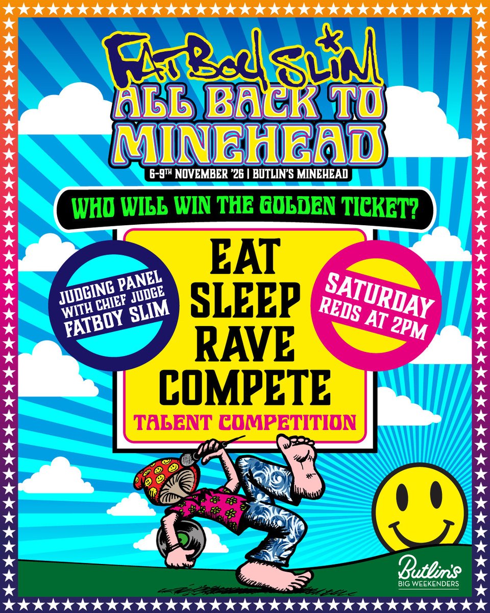 AllBackToMineH's tweet photo. Introducing EAT SLEEP RAVE COMPETE - our first ever All Back To Minehead talent competition hosted by our very own chief judge #FatboySlim🙌
Show us your talent on Saturday 2 PM in Reds. https://t.co/ijvmBzhQ6p