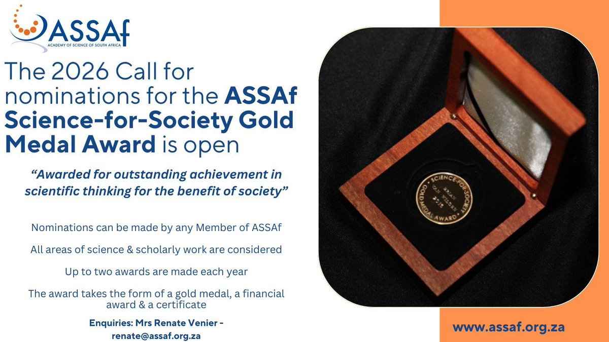 ASSAf_Official's tweet photo. 🏅 ASSAf Science-for-Society Gold Medal Award

Applications are now open and must be submitted by 23 June 2026.

Visit the ASSAf website for further info: https://t.co/X3ICTqxnIN https://t.co/TLGy6lH1C7
