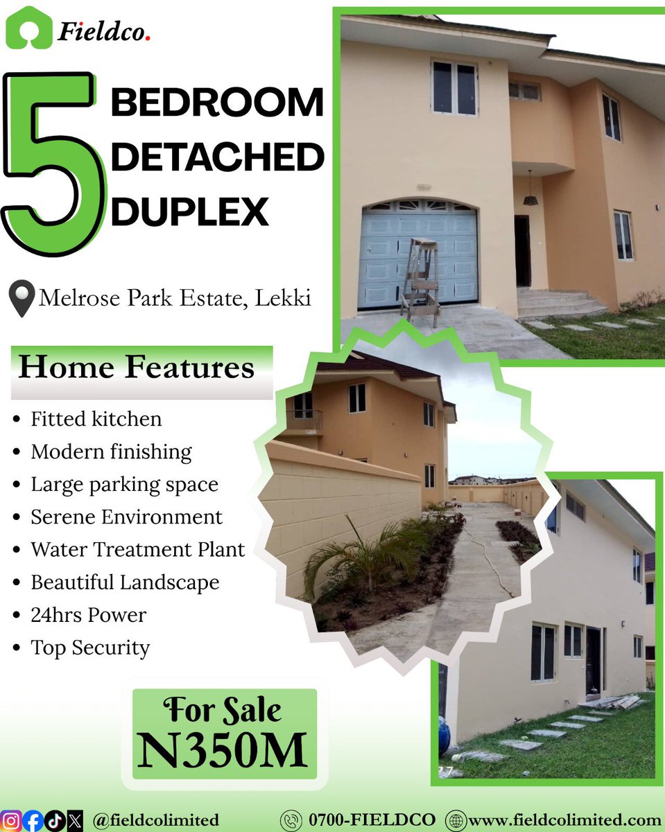 FieldcoLimited's tweet photo. Friday’s featured listing 🏡✨

A stunning 5-bedroom detached duplex in Melrose Park Estate, Lekki — where luxury meets comfort.

💰 ₦350M

Book an inspection today and take the next step toward your dream home.

#Fieldcolimited #FridayFeature #PropertyForSale #LuxuryLiving https://t.co/lZoYETRI51