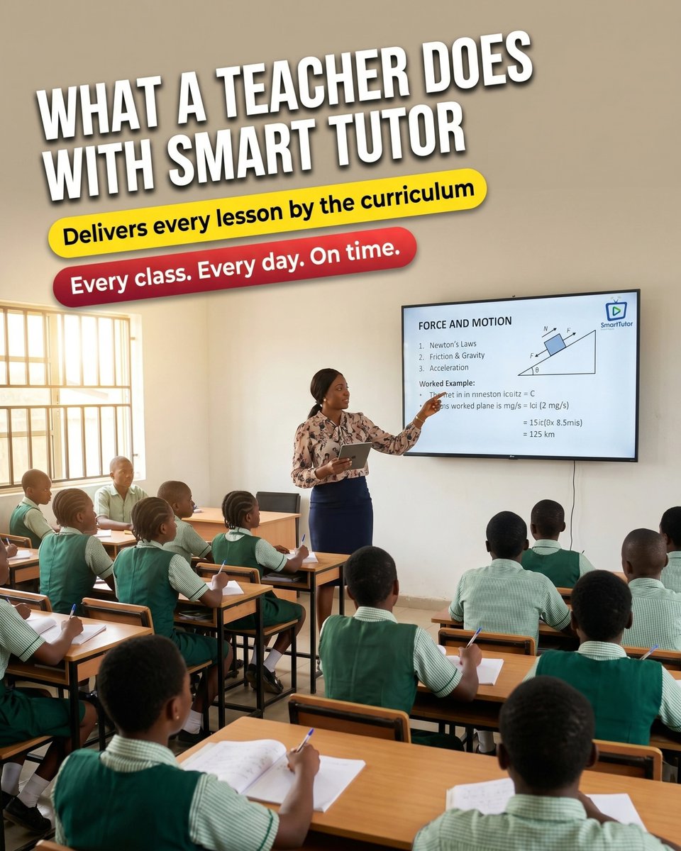 syllabux's tweet photo. What happens when a teacher skips a topic or calls in sick? 🤖📺

SmartTutor keeps every lesson on track — timetable-based, curriculum-aligned, and fully offline.
Consistent teaching for every class, every day.

#SmartTutor #EdTechNigeria #NigerianSchools #AIinEducation #Syllabux https://t.co/venfLCP7gD