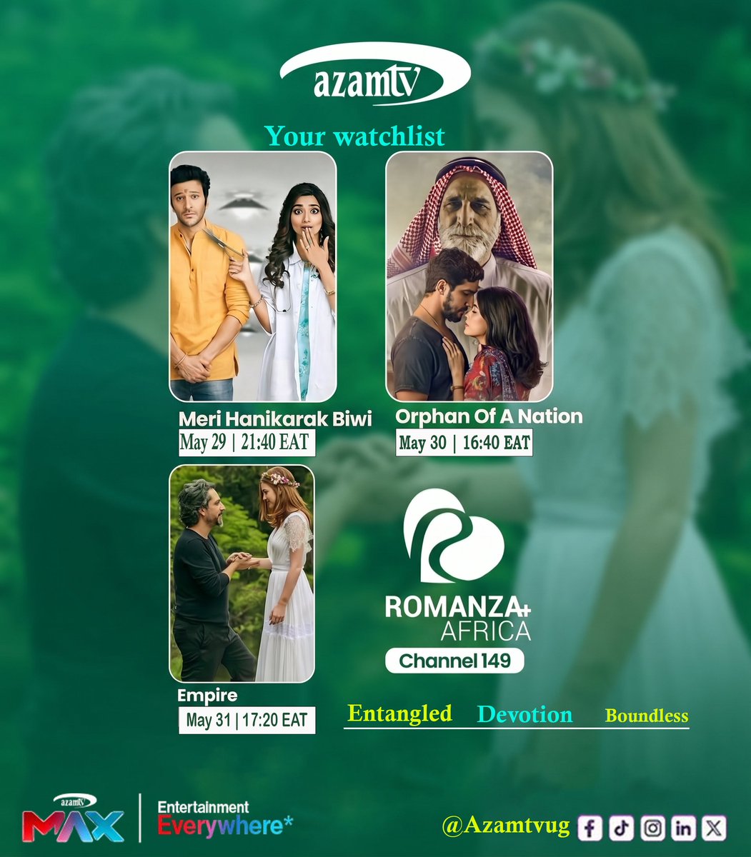 Azamtv_ug's tweet photo. Forget sleep. Forget reality. Here is your ultimate, high-stakes watchlist that will leave you gasping for air.

#RomanzaPlusAfrica #Channel149 #EntertainmentForEverybody #AzamTVMax #MeriHanikarakBiwi #OrphanOfANation #EmpireOnRomanza #WeekendLineup #DramaAlert #MustWatchTelenovelas #BingeWatch #TvAddict #NoSleepThisWeekend