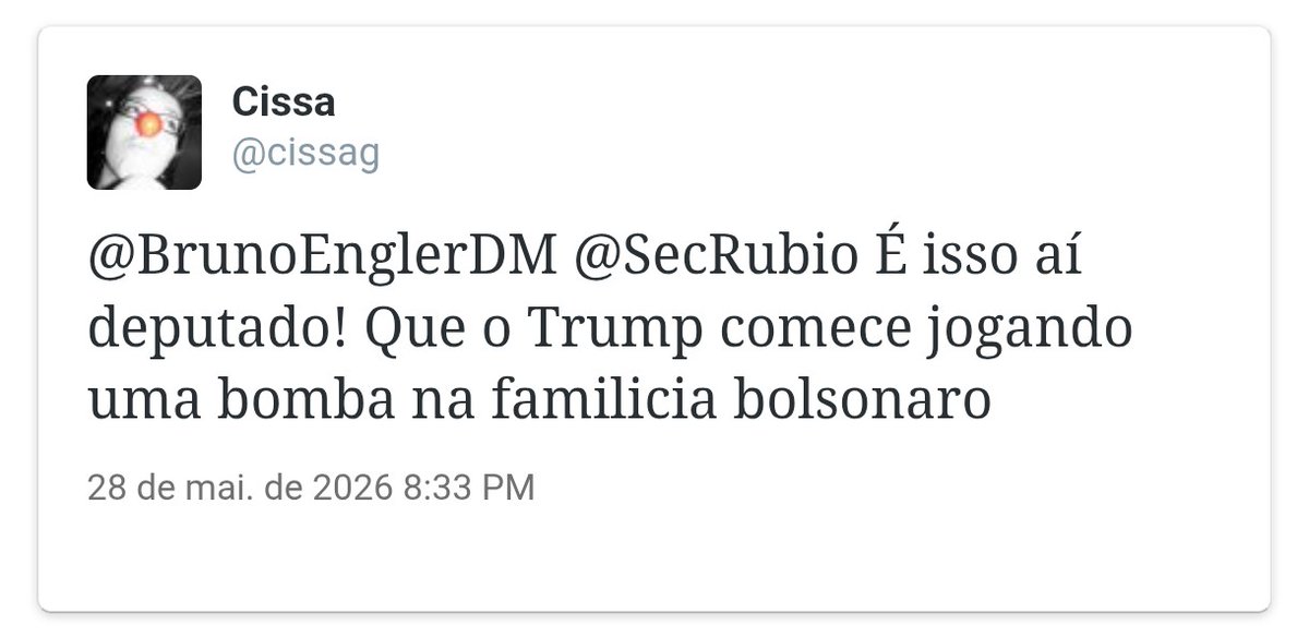 cissag's tweet photo. @BrunoEnglerDM @SecRubio É inacreditável que todo dia eu denuncio p******** e r****** e a resposta é sempre mesma... Nada viola as regras. Agora este é o post que fez este site dizer que violou as regras e manda eu apagar. Sério? https://t.co/A73A8XNk3m
