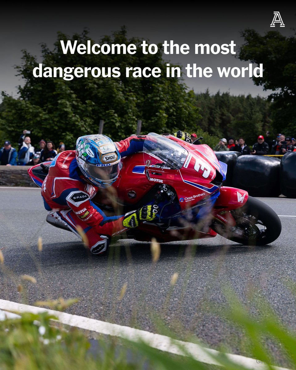 TheAthletic's tweet photo. Is this the most dangerous race in the world?

With top speeds of over 200mph on a course that winds along public roads, the Isle of Man TT motorcycle race is supremely exhilarating… and inevitably lethal.

Between this race and the annual August Manx Grand Prix, there have been 271 deaths.

@GregOK went to the Isle of Man to find out what about this race motivates riders to take such great risks.

FREE READ 🔗 https://t.co/J7ZNlopqZz