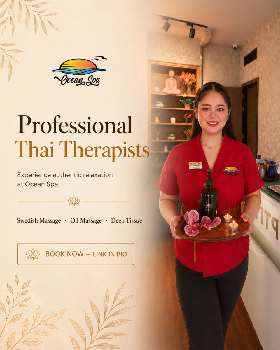 OceanSpaBahrain's tweet photo. Your stress doesn't stand a chance. 🌿
Professional Thai Therapists at Ocean Spa — Oil Massage, Swedish &amp; Deep Tissue, all available now.
Book your session → Link in Bio
#OceanSpa #ThaiMassage #SpaLife #Bahrain https://t.co/c6bLFyG2mZ