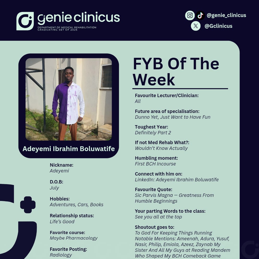 GClinicus's tweet photo. ✨FYB OF THE WEEK✨

Adeyemi Ibrahim Boluwatife 🤍

Part 2 dealt with him after that BCH incourse 😭 but bro still survived the Med Rehab trenches.

Cars, books, adventures and vibes ✨

📍Favorite Posting: Radiology
📍Toughest Year: Part 2 https://t.co/hbU0JKOm2c