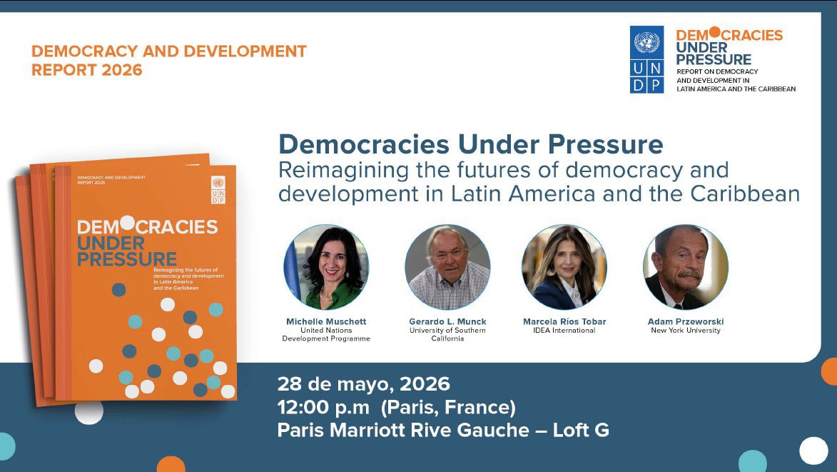 mriost's tweet photo. Gran discusión sobre democracia y desarrollo en panel sobre nuevo informe @PNUDLAC “Democracias Bajo Presión” en el marco de #LASA2026 @LASAweb en Paris, junto a @MichMuschett @GerardoMunck @almudenaf y Politólogo y profesor emérito de @nyuniversity Adam Przeworski https://t.co/QyROqTnUf1