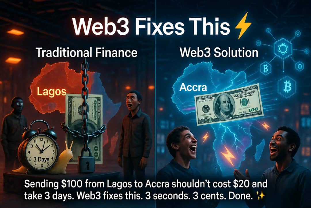AfricaWeb3_Inst's tweet photo. Sending $100 from Lagos to Accra shouldn't cost $20 and take 3 days. Web3 fixes this. 3 seconds. 3 cents. Done. ⚡️

#Web3FixesThis #CryptoRemittance
#BorderlessMoney https://t.co/oISyMhoO7A