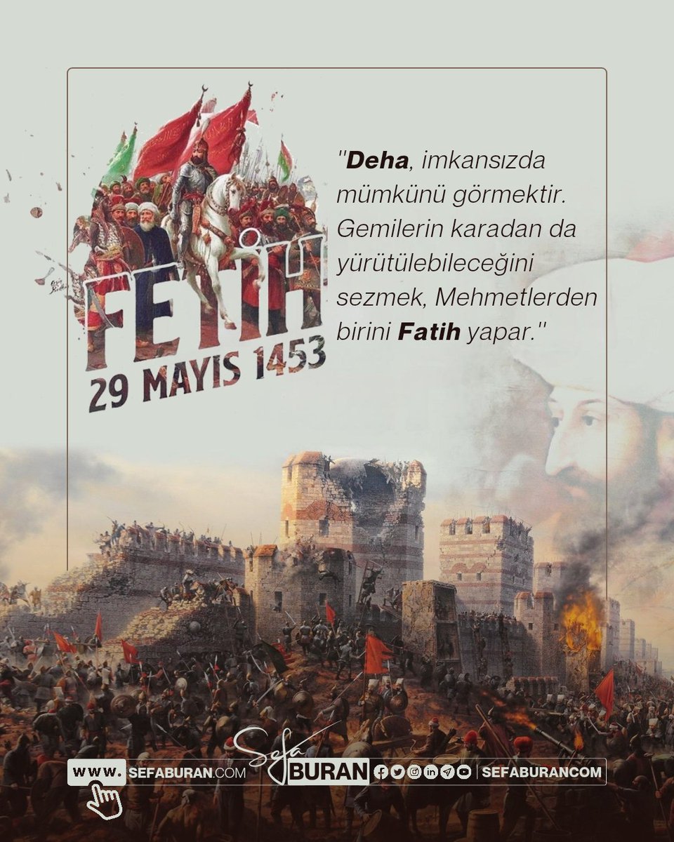 sefaburancom's tweet photo. ''Deha, imkansızda mümkünü görmektir. Gemilerin karadan yürütülebileceğini sezmek, Mehmetlerden birini Fatih yapar.''

#29Mayıs1453'teki #İstanbulunFethi'nin 573. yıldönümünde, #FatihSultanMehmed Han ve aziz kahramanları rahmet ve minnetle anıyorum. https://t.co/Eey83jGlKv