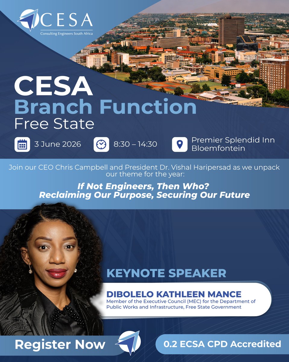 The_CESA's tweet photo. Join our CESA Free State #BranchFunction &amp; engage with MEC Dibolelo Kathleen Mance, Free State MEC for Public Works &amp; Infrastructure. Gain insights into provincial infrastructure priorities, connect &amp; be part of the conversation. Register: https://t.co/Rxt48MF96R

#CESAAdvocacy https://t.co/J2Ul0UYtip