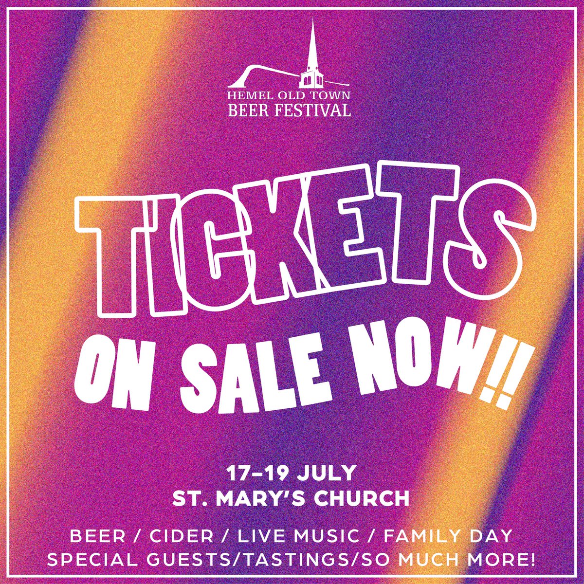 HemelOTBeerFest's tweet photo. 𝗧𝗜𝗖𝗞𝗘𝗧𝗦 𝗢𝗡 𝗦𝗔𝗟𝗘 𝗡𝗢𝗪
 
Tickets for Hemel Old Town Beer Festival 2026 are live now!
 
📆 17th-19th July
📍 St Marys Church
🍺 30+ WORLD CLASS BEERS
🍏 CIDER &amp; PERRY
🍾 FIZZ BAR
🌯 STREET FOOD
🎤 LIVE MUSIC
👀 VIP SPEAKERS
 
TICKETS👇 🎟

https://t.co/mV136WldJS https://t.co/Ioo7n1o9zg