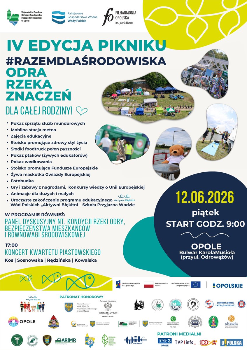 WIOS_Opole's tweet photo. 12 czerwca zapraszamy na IV edycję Pikniku organizowanego przez @OpoluW wspólnie z Państwowym Gospodarstwem Wodnym Wody Polskie, Filharmonią Opolską im. Józefa Elsnera wraz z partnerami.🍃
Szczegóły wydarzenia na załączonym plakacie. 🌿🌍  #WiośOpole #razemdlaśrodowiska https://t.co/2QNtwT6vgt