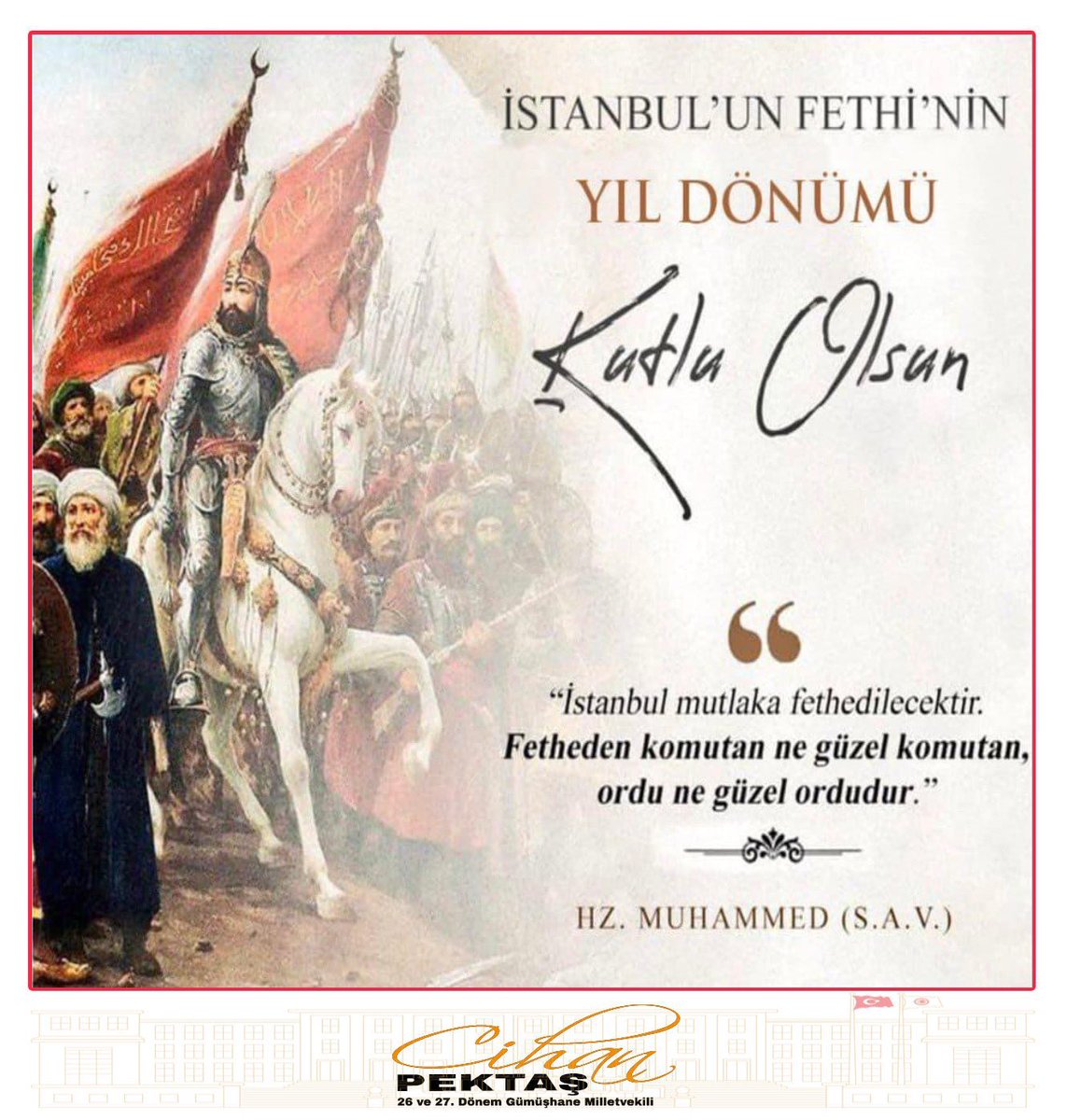 cihanpektas1's tweet photo. Peygamberimizin övgüsüne mazhar olan; çağ açıp çağ kapatan cennetmekân #FatihSultanMehmetHan ve kahraman ecdadımızı rahmetle yâd ediyorum. 

Fethin 573. yılı kutlu olsun. 

#29Mayıs1453
#İstanbulunFethi 🇹🇷 https://t.co/Z8qXuodVzo