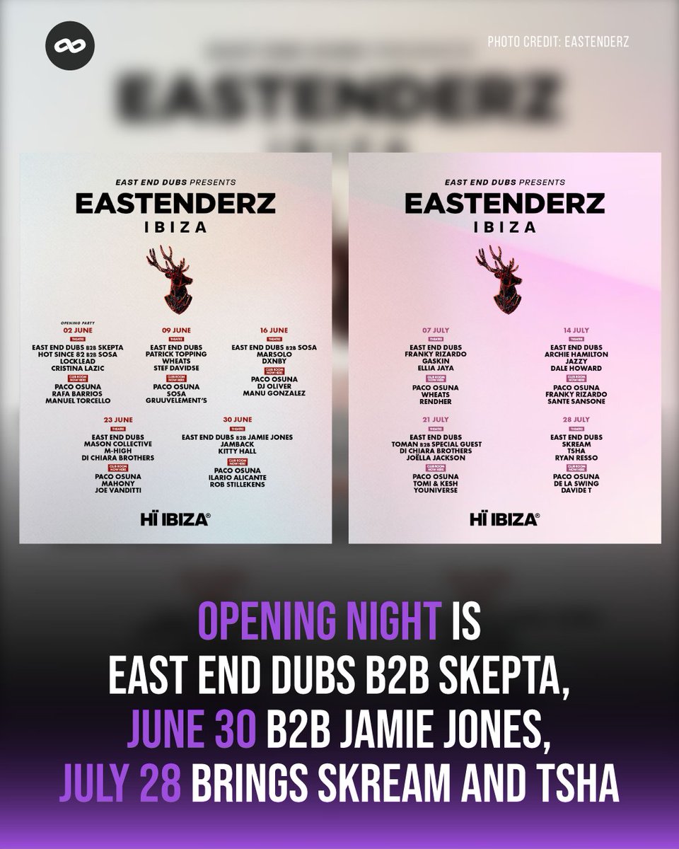loopliner's tweet photo. #EastEndDubs b2b #Skepta to open. 19 Tuesdays at Hï Ibiza from June 2. Eastenderz just moved to the world's number one club and the season lineup is stacked.

Tickets at https://t.co/FEeqqJR0VO

Read More at #loopliner https://t.co/hbjoZWI27P
