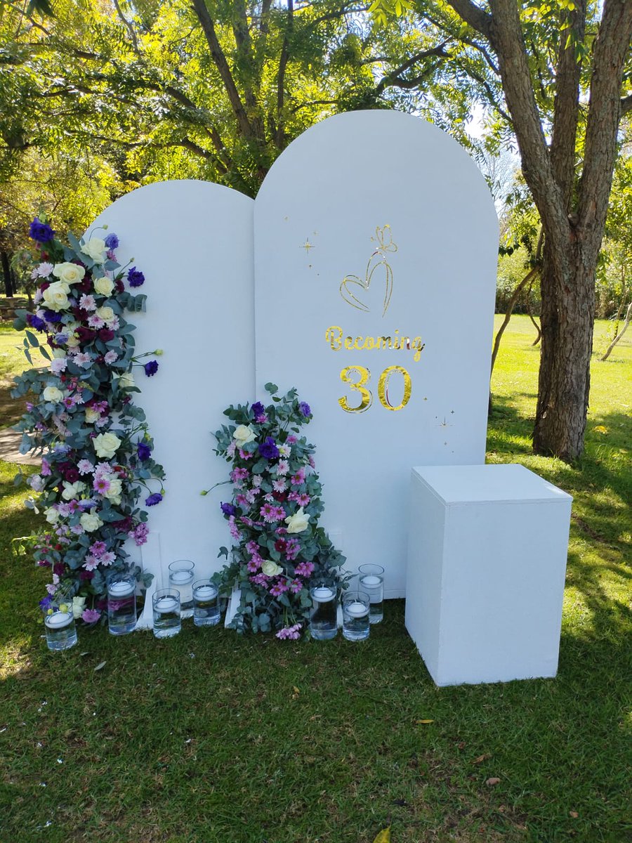 DithakgaD's tweet photo. Hope's 30th year of life's journey at Toadbury Hall. Our theme features a blend of white, green, purple &amp; gold hues. The décor will include stunning centerpieces with fresh flowers and LED table lamps, a beautifully crafted mirror welcome board &amp; photo booth with floral accents. https://t.co/iK8oRzEPrL