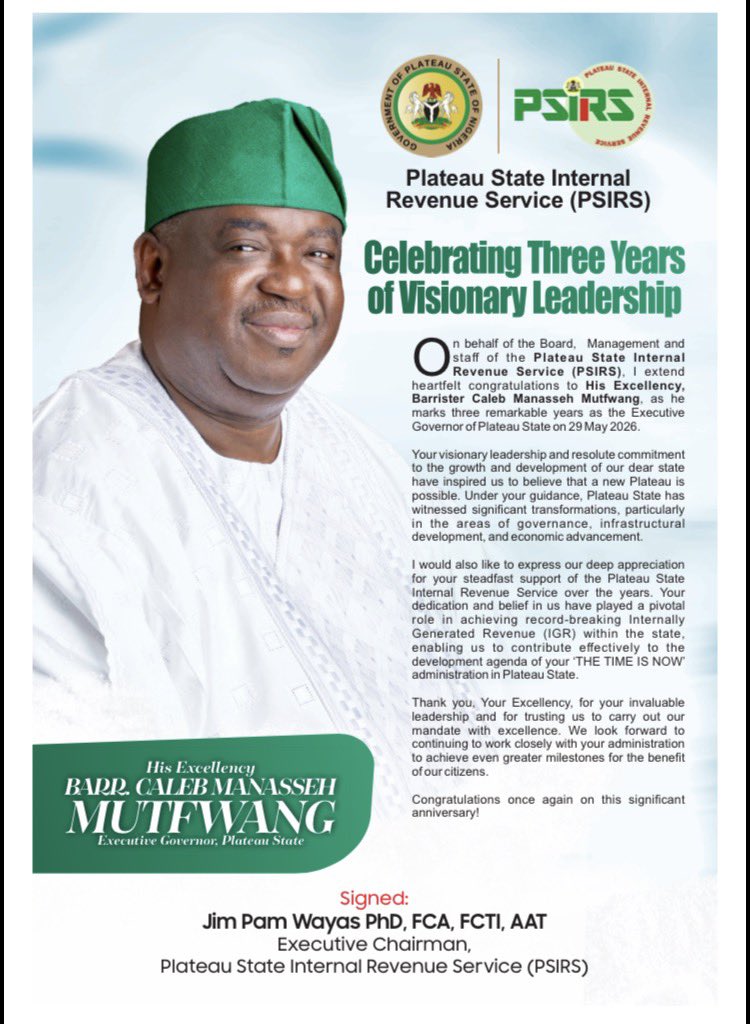 OfficialPSIRS's tweet photo. Congratulations to His Excellency Barr. Caleb Manasseh Mutfwang on your 3rd Year in Office Anniversary from all of us @ PSIRS! https://t.co/SBSjj7HtpO