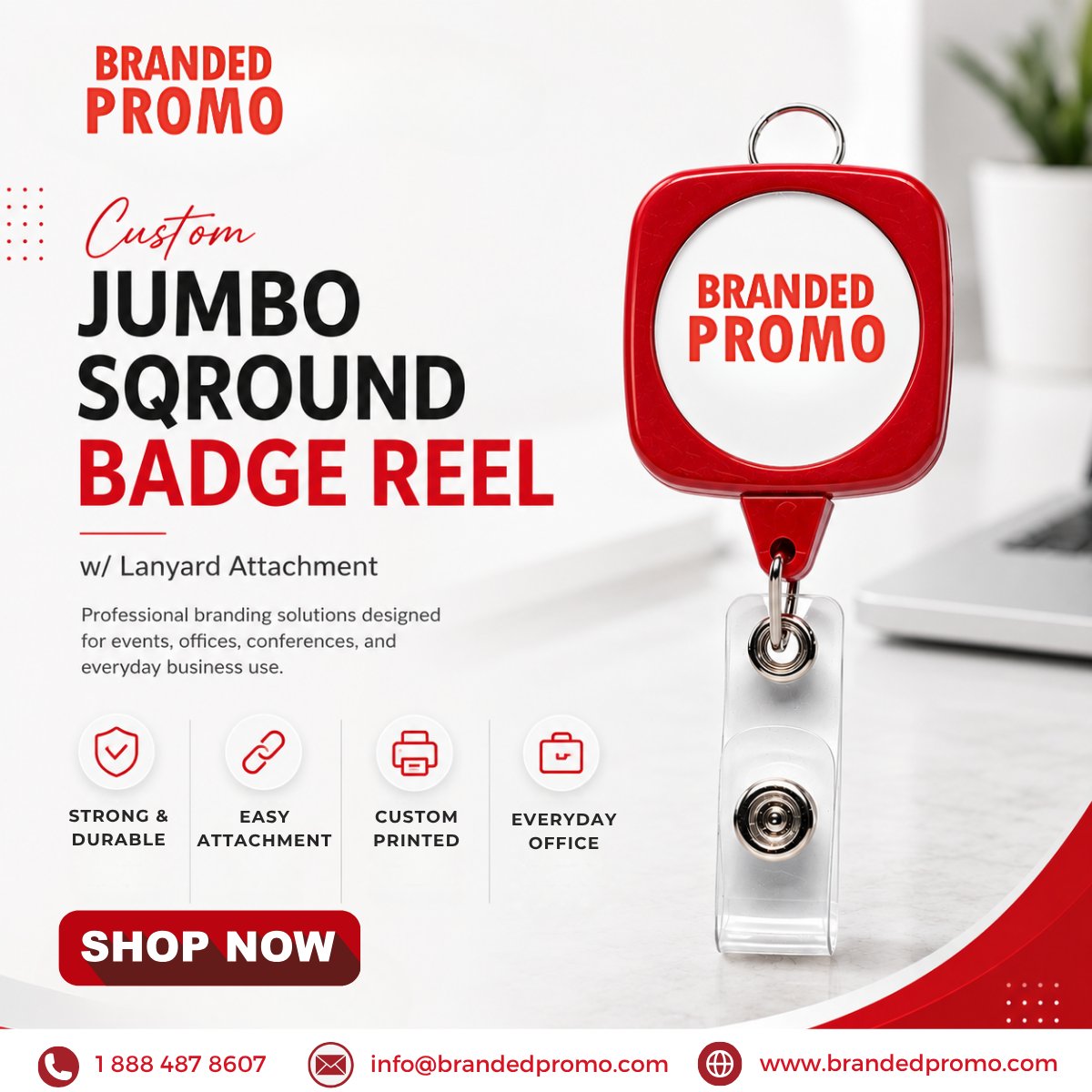 BrandedPromoUS's tweet photo. 📛 Keep your brand visible every day with practical promotional products!
Our Custom Jumbo Sqround Badge Reel with Lanyard Attachment is the perfect solution for offices, conferences, trade shows, schools, healthcare settings, and corporate events. https://t.co/bAioBS4Hb9