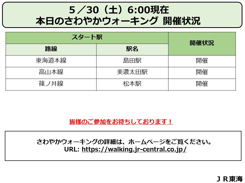 JRC_SW's tweet photo. おはようございます。本日のさわやかウォーキングの開催状況は以下の通りとなっております。開催状況や最新の運行情報をご確認のうえ、お出かけください。 #さわやかウォーキング #JR東海 https://t.co/Inchkdqcbb https://t.co/70YRLlksfU