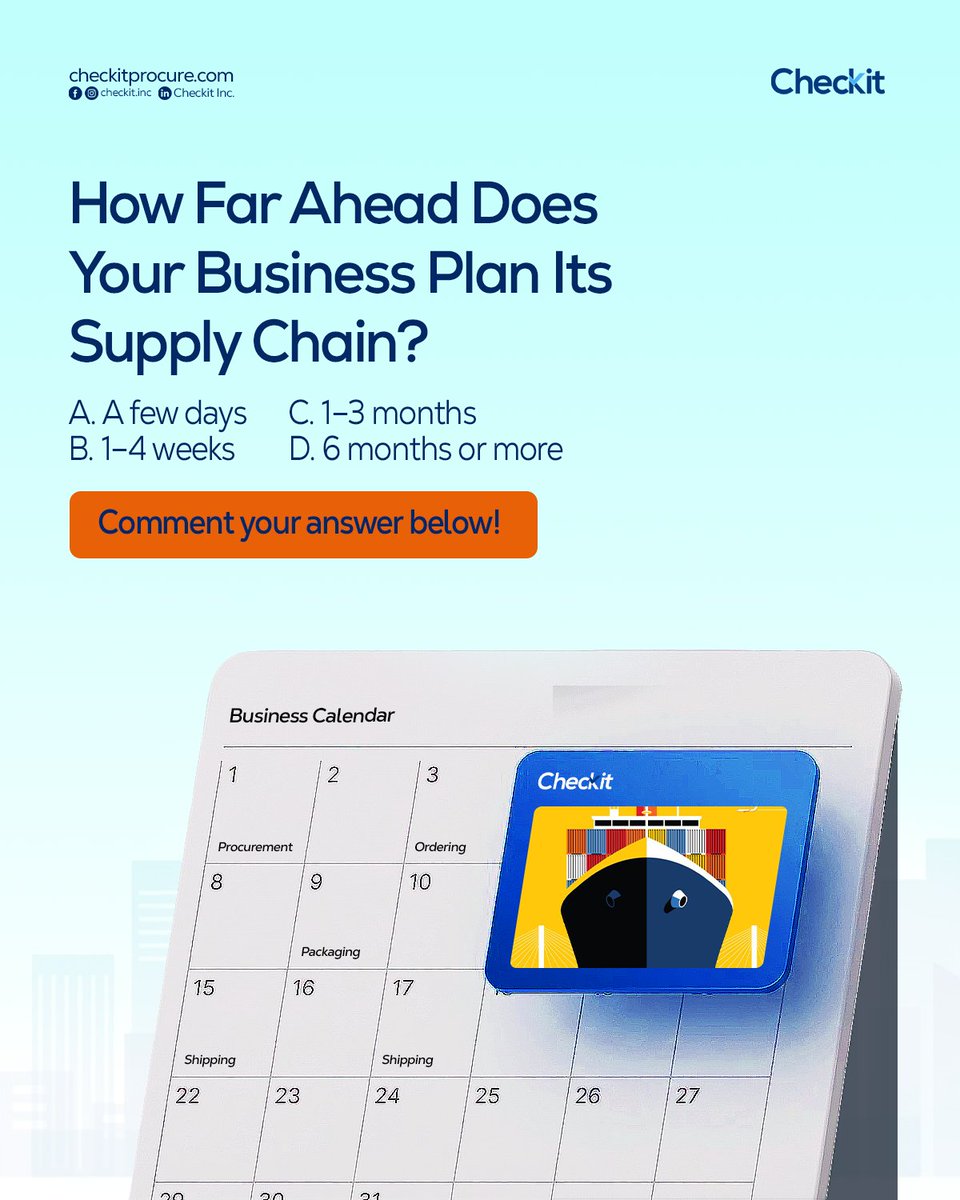 Checkitinc's tweet photo. Your supply chain is only as strong as your planning horizon. Whether you're mapping out the next few days or the next six months, knowing where you stand is the first step to levelling up.

So tell us,  how far ahead does your business plan? Drop your answer in the comments! https://t.co/Wirttt82Yn