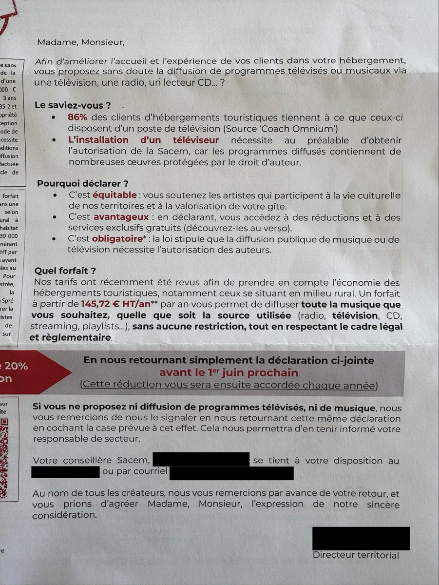 fxserafino's tweet photo. Donc la SACEM exige une autorisation (et un forfait) pour installer une télé dans nos locations estivales : 
« les programmes diffusés contiennent de nombreuses œuvres protégées par le droit d’auteur ».

Mais… les chaînes de télé ne paient-elles PAS déjà des millions à la SACEM pour diffuser exactement ces mêmes œuvres ?!

Pourquoi faire payer une 2e fois le proprio de gîte pour que ses clients regardent le JT ?

Et aux juristes de la SACEM : pour info, une loi ne « stipule » pas… elle DISPOSE ou elle PRÉVOIT que. Premier cours de L1 Droit !

#SACEM #LocationsSaisonnières #airbnb