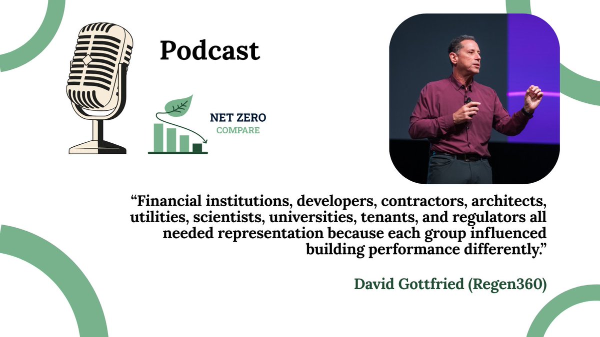 NetZeroCompare's tweet photo. 🎙️ New Net Zero Compare Podcast episode!

We speak with David Gottfried, co-founder of the U.S. Green Building Council, founder of the World Green Building Council, and founder of Regen360, about why sustainability alone may no longer be enough.

This episode explores the evolution of LEED, regenerative thinking, embodied carbon, carbon mineralization, green building standards, and why the future of the built environment may depend on restoring ecosystems rather than simply reducing harm.

🎧 Listen here: https://t.co/WVEEf62LEp

#Regeneration #GreenBuilding #LEED #Sustainability #EmbodiedCarbon #ClimateTech #NetZero #ESG #NetZeroCompare @NetZeroCompare