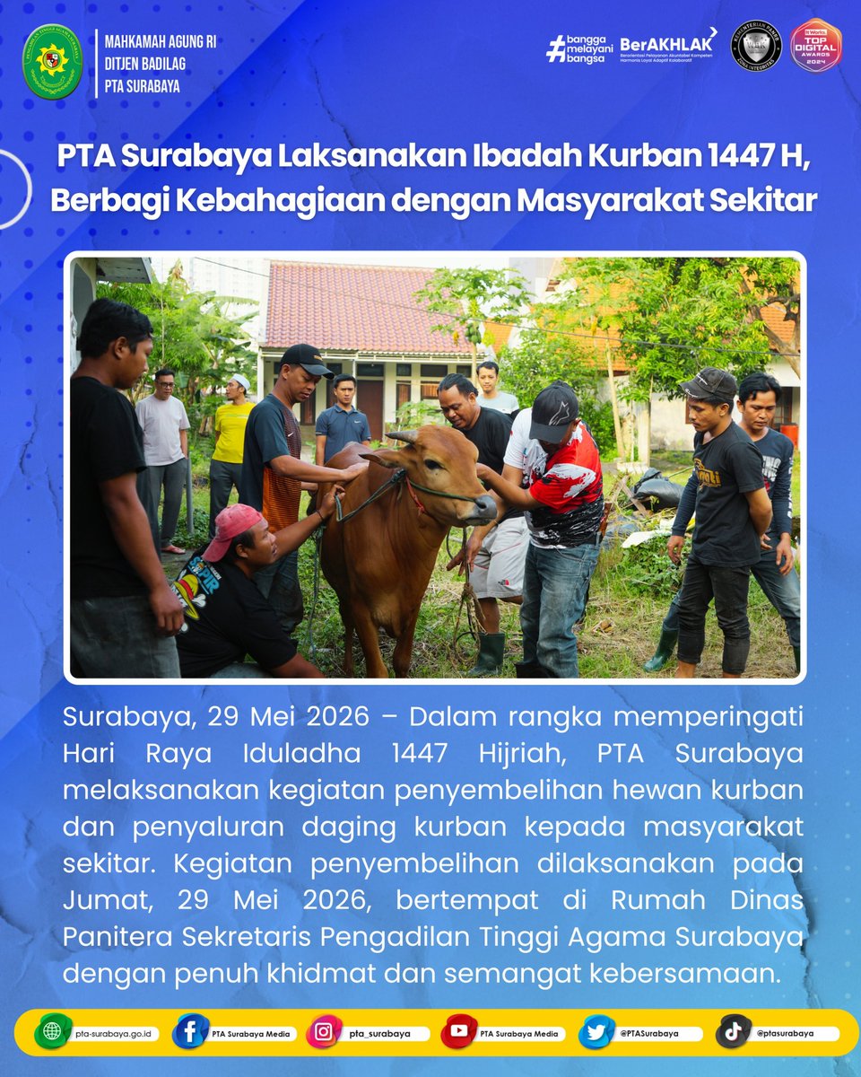 PTASurabaya's tweet photo. PTA Surabaya Laksanakan Ibadah Kurban 1447 H, Berbagi Kebahagiaan dengan Masyarakat Sekitar

Selengkapnya : https://t.co/XzpRQss2xZ https://t.co/vZubKmwRIk