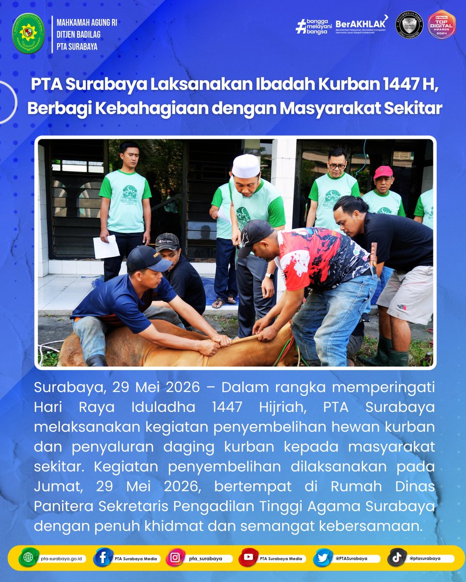 PTASurabaya's tweet photo. PTA Surabaya Laksanakan Ibadah Kurban 1447 H, Berbagi Kebahagiaan dengan Masyarakat Sekitar

Selengkapnya : https://t.co/XzpRQss2xZ https://t.co/vZubKmwRIk