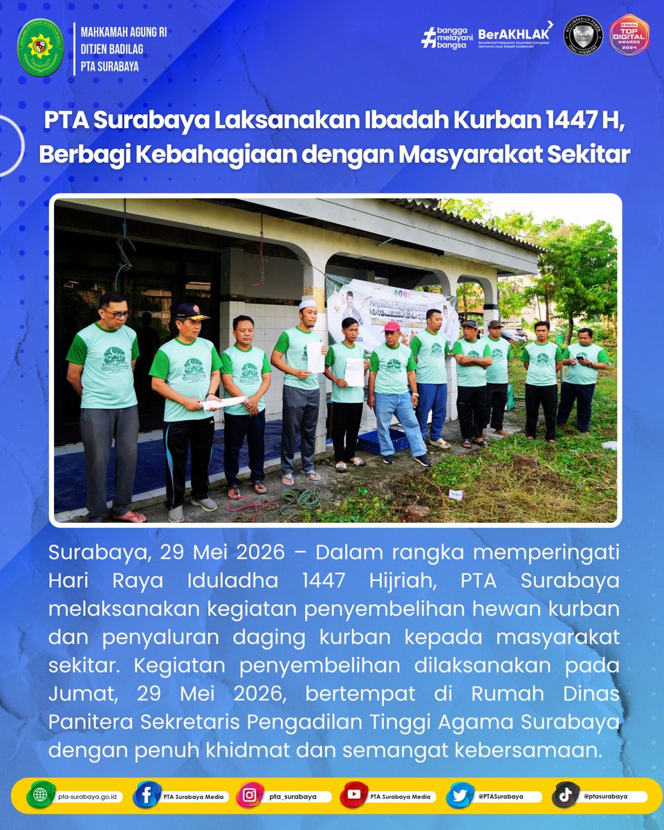 PTASurabaya's tweet photo. PTA Surabaya Laksanakan Ibadah Kurban 1447 H, Berbagi Kebahagiaan dengan Masyarakat Sekitar

Selengkapnya : https://t.co/XzpRQss2xZ https://t.co/vZubKmwRIk