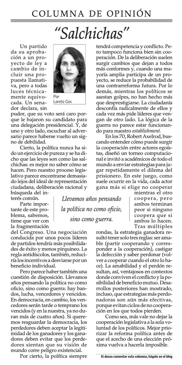 javiparada's tweet photo. “Salchichas”, por Loreto Cox. "Llevamos años pensando la política no como oficio, sino como guerra: hay bandos, lucha, vencedores y vencidos. En democracia, en cambio, los vencedores serán tarde o temprano los vencidos...". https://t.co/GGe7CdqYZn