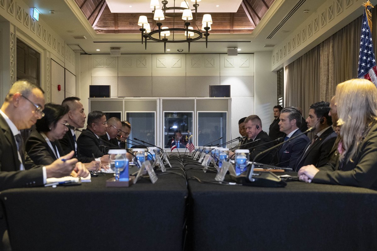 SecWar's tweet photo. Great first meeting with Thai Minister of Defence Adul.

We are locking in a new Joint Vision Statement by year’s end and exploring U.S.-Thai defense industrial cooperation. https://t.co/mBSFdokZW9