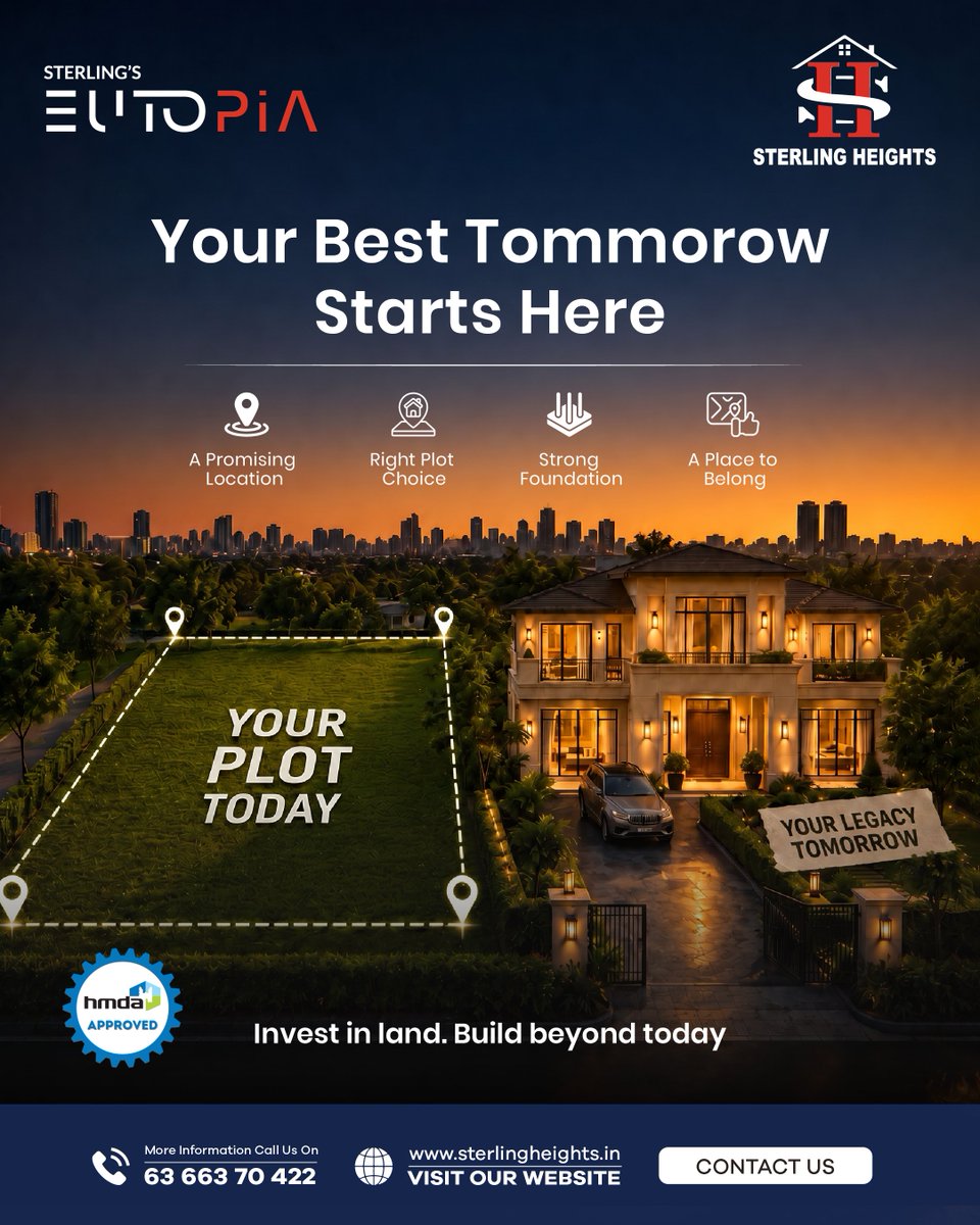Sterling_hyd's tweet photo. A future built on the right decisions begins with the right foundation.  Invest in plot designed for growth, belonging and opportunities that last for generations.
📞 Call us: 63663 70422
 🌐 Visit: https://t.co/oz6cks5zSZ

 #SterlingsEutopia #LegacyStartsHere #FutureReadyLiving https://t.co/wzthiXgV4i