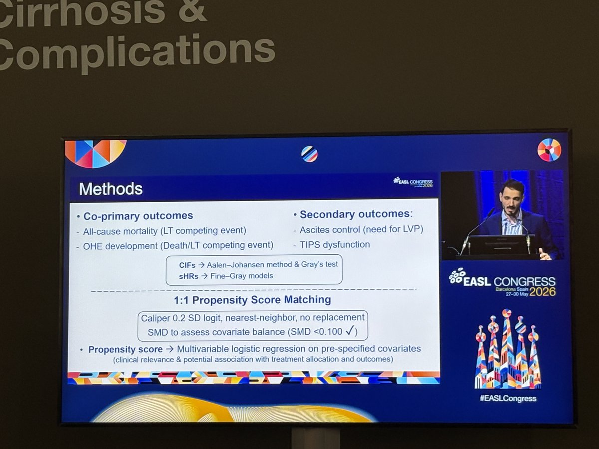 BavenoCoop's tweet photo. 📜 Underdilated TIPS (≤7mm) in refractory ascites 
🗣️ D. Saltini | #EASLCongress
🔬 ↓ mortality &amp; ↓ OHE — similar ascites control 
⚠️ Dilation diameter = key modifiable determinant — not hemodynamic targets
💡 Step-up strategy: start with under-dilation https://t.co/d31PDc47Kb
