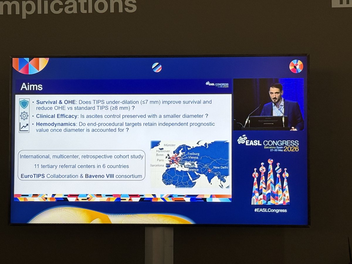 BavenoCoop's tweet photo. 📜 Underdilated TIPS (≤7mm) in refractory ascites 
🗣️ D. Saltini | #EASLCongress
🔬 ↓ mortality &amp; ↓ OHE — similar ascites control 
⚠️ Dilation diameter = key modifiable determinant — not hemodynamic targets
💡 Step-up strategy: start with under-dilation https://t.co/d31PDc47Kb