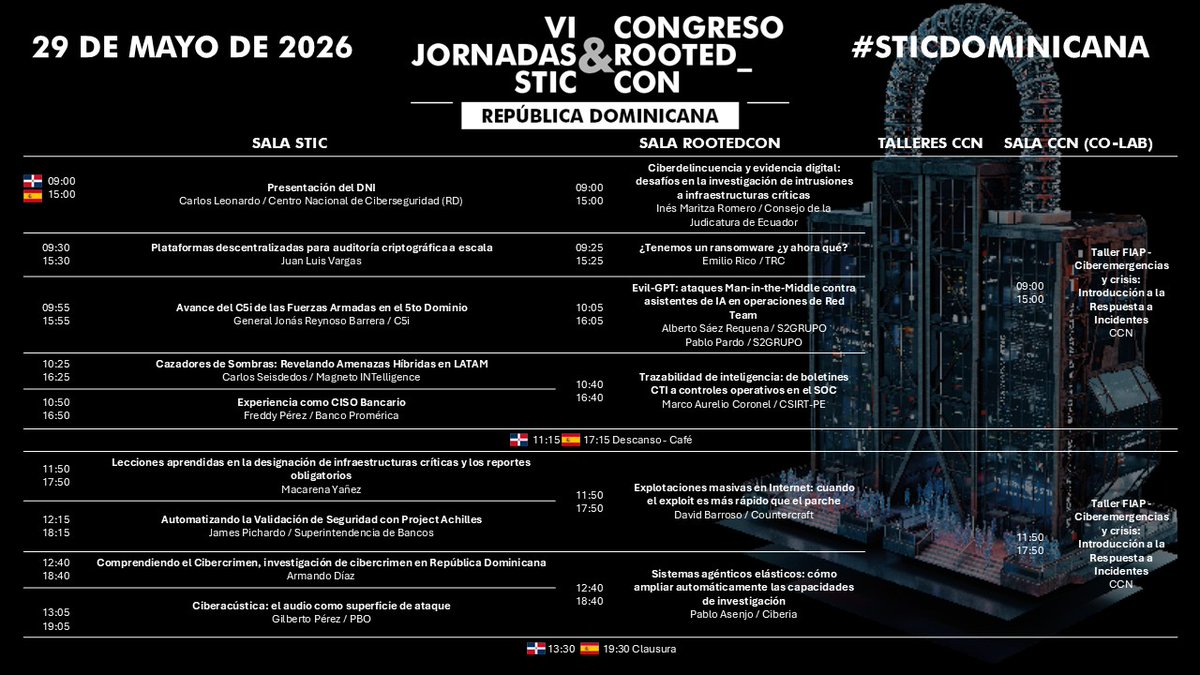 CCNCERT's tweet photo. 🔔Último día de las VI Jornadas #STICDOMINICANA, con clausura a cargo del Ministerio de Administración Pública de la República Dominicana. 

📢Para no perderse nada, en ninguna de las tres salas, recordamos el programa: https://t.co/dhuAChI1nX