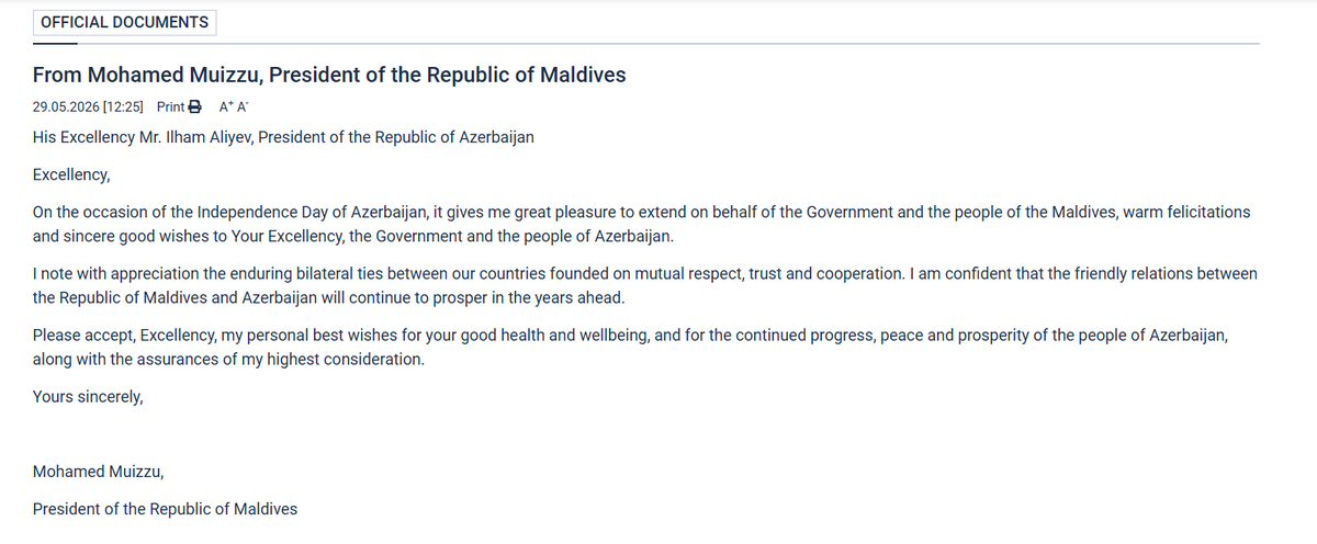 AzEmbassyIndia's tweet photo. His Excellency Dr. Mohamed Muizzu, President of the Republic of Maldives, addressed a congratulatory letter to His Excellency Mr. Ilham Aliyev, President of the Republic of Azerbaijan, on the occasion of the Independence Day of Azerbaijan
https://t.co/37cRzb5Ct7 https://t.co/ywGtSEBPJJ
