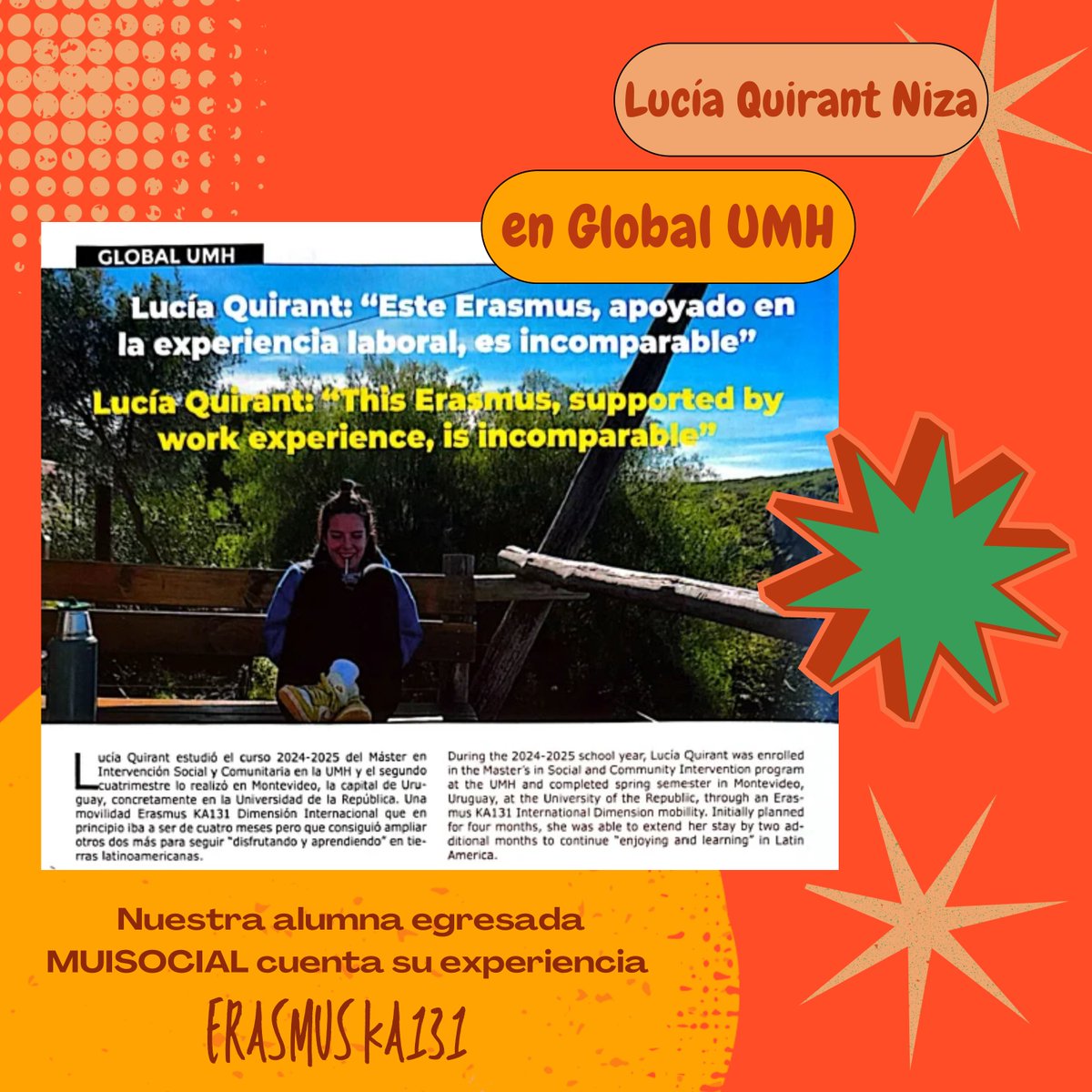 MUISOCIAL_UMH's tweet photo. ✨ Nuestra egresada Lucía Quirant Niza protagoniza una entrevista en la revista Global UMH

🌍 Lucía comparte su experiencia internacional en Uruguay con el programa Erasmus KA131, donde combinó formación, trabajo y aprendizaje comunitario.
#MUISOCIAL #GlobalUMH https://t.co/sQoL690RtJ