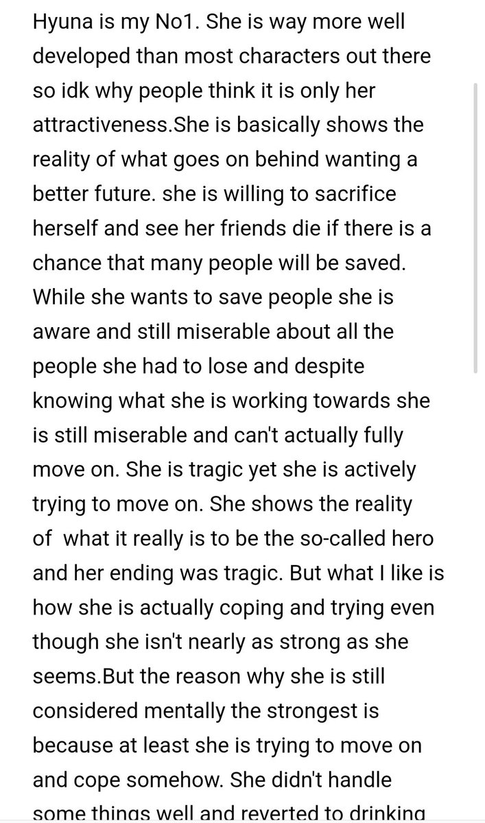 mendokus0's tweet photo. @perfectmizidoll Hyuna is my fav by quite a bit. So brace yourselves there is a lot to say but she is a very indepth character that is often overlooked. Please read. 🙏 https://t.co/OLIe5Bbg40