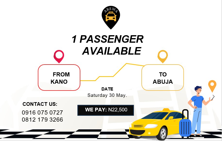 ArewaTaxi's tweet photo. A passenger available for pick up, interested private vehicle owner should contact us for further arrangement. #Abuja #Kano #ArewaTaxi https://t.co/JgbOTeC3Wd