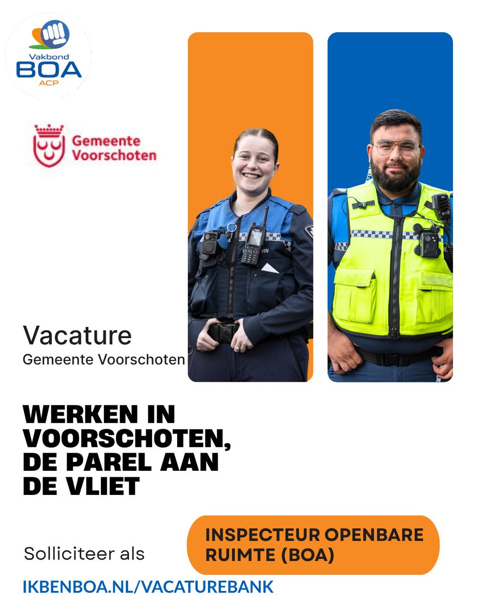 BoaAcp's tweet photo. VACATURE:
Gemeente Voorschoten is op zoek naar:
INSPECTEUR OPENBARE RUIMTE (BOA)

Nieuwsgierig of direct solliciteren?  
Kijk op onze BOA Vacaturebank:
#boa #handhaving #voorschoten #vacature https://t.co/g40H66H7wU