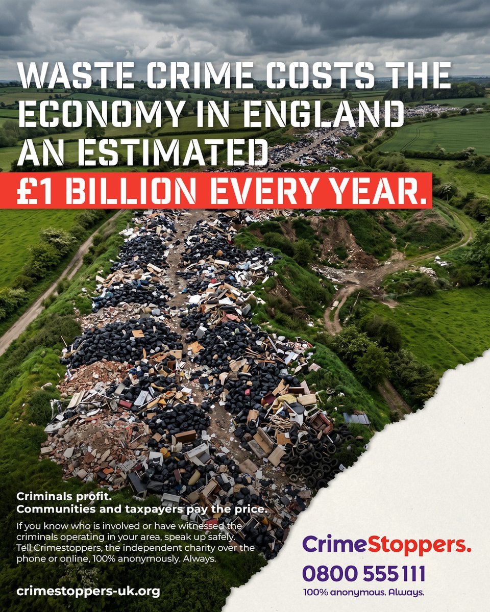 SafeInWarks's tweet photo. Waste crime costs the English economy an estimated £1 billion every year – yet only around 27% of incidents are reported.

If you’ve seen large scale or repeated illegal waste dumping, contact @CrimestoppersUK 100% anonymously, via their website or on 0800 555 111.
#SafeInWarks https://t.co/ckD4HOVEAi