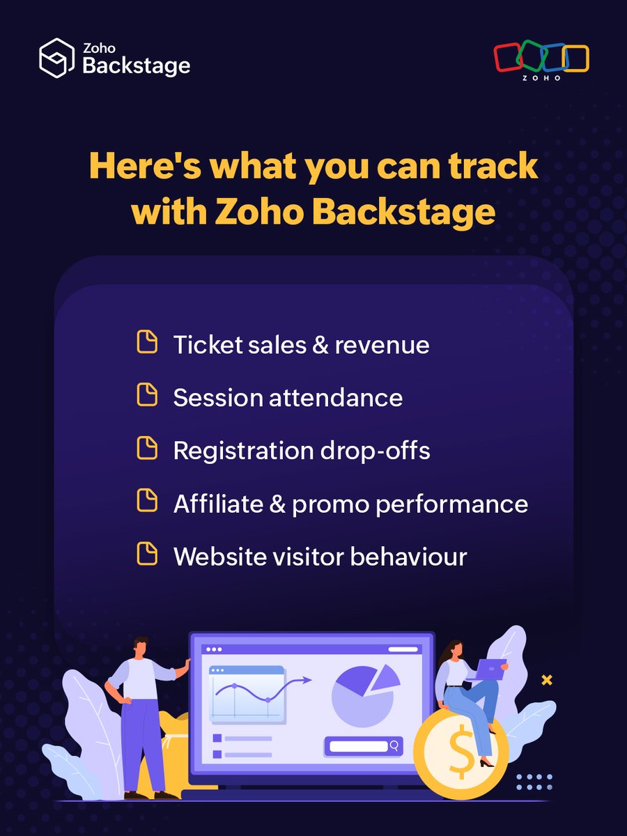 ZohoBackstage's tweet photo. If you use Zoho Backstage, the analytics shows you: ticket sales by type and promo code, session and speaker ratings from attendee feedback, how your affiliate links performed, and much more.

Learn more: https://t.co/XhKDK1bH7F 

#ZohoBackstage #EventAnalytics #EventManagement https://t.co/UkUEFXXaqQ