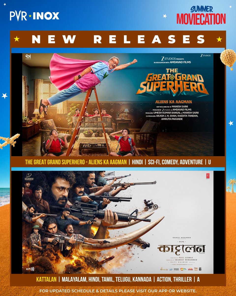_PVRCinemas's tweet photo. Your weekly dose of drama, action, romance, and chaos starts now! 🍿✨
Which upcoming release is at the top of your watchlist?
Comment below and let us know.
Book now: https://t.co/aktyEjTQ8O
.
.
.
#TheGreatGrandSuperhero #Kattalan #Obsession #Tuner #Passenger #ReturnOfTheJungle #KrishnaAurChitthi #ShapeOfMomo #Blast #ShreeBabaNeebKaroriMaharaj #Karuppu #PatiPatniAurWohDo #Drishyam3 #ChandMeraDil