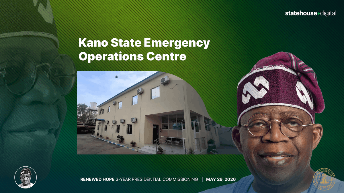 NGRPresident's tweet photo. KANO STATE EOC

🇳🇬 NOW LIVE: President @officialABAT commissions the Kano Polio Emergency Operations Centre at Muhammad Abdullahi Wase Specialist Hospital, Nassarawa.

The EOC anchors Kano State's response architecture for:
* Polio eradication and immunisation coordination
* Disease surveillance and data management
* Multi-stakeholder collaboration
* Public health outbreak response

Delivered with the support of NPHCDA, the Gates Foundation, and eHealth Africa, the upgraded facility strengthens Kano's role as a leader in primary healthcare delivery.

Watch live: https://t.co/aORKN62Obs

#RenewedHope #TinubuAt3