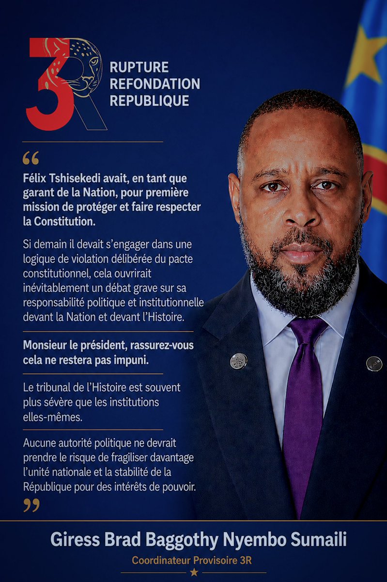 giressbaggothy's tweet photo. Le @Presidence_RDC Félix Tshisekedi avait, en tant que garant de la Nation, pour première mission de protéger et faire respecter la Constitution.

Si demain il devait s’engager dans une logique de violation délibérée du pacte constitutionnel, cela ouvrirait inévitablement un débat grave sur sa responsabilité politique et institutionnelle devant la Nation et devant l’Histoire.

Le tribunal de l’Histoire est souvent plus sévère que les institutions elles-mêmes.
Aucune autorité politique ne devrait prendre le risque de fragiliser davantage l’unité nationale et la stabilité de la République pour des intérêts de pouvoir.

Giress Brad Baggothy Nyembo Sumaili 
Coordinateur Provisoire @3RDRC