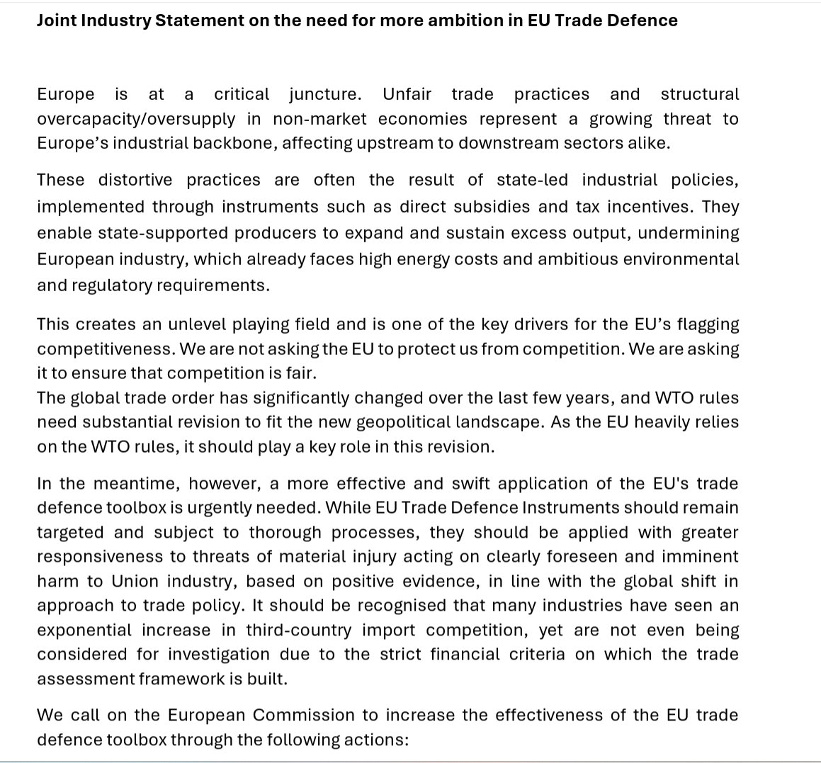 fbermingham's tweet photo. A coalition of 23 EU industry groups release a letter calling for a more aggressive trade policy to deal with "unfair trade practices and structural overcapacity/oversupply in non-market economies"

4 demands:

1. More trade defence staff
2. Use existing instruments earlier https://t.co/QjmlPGCscu