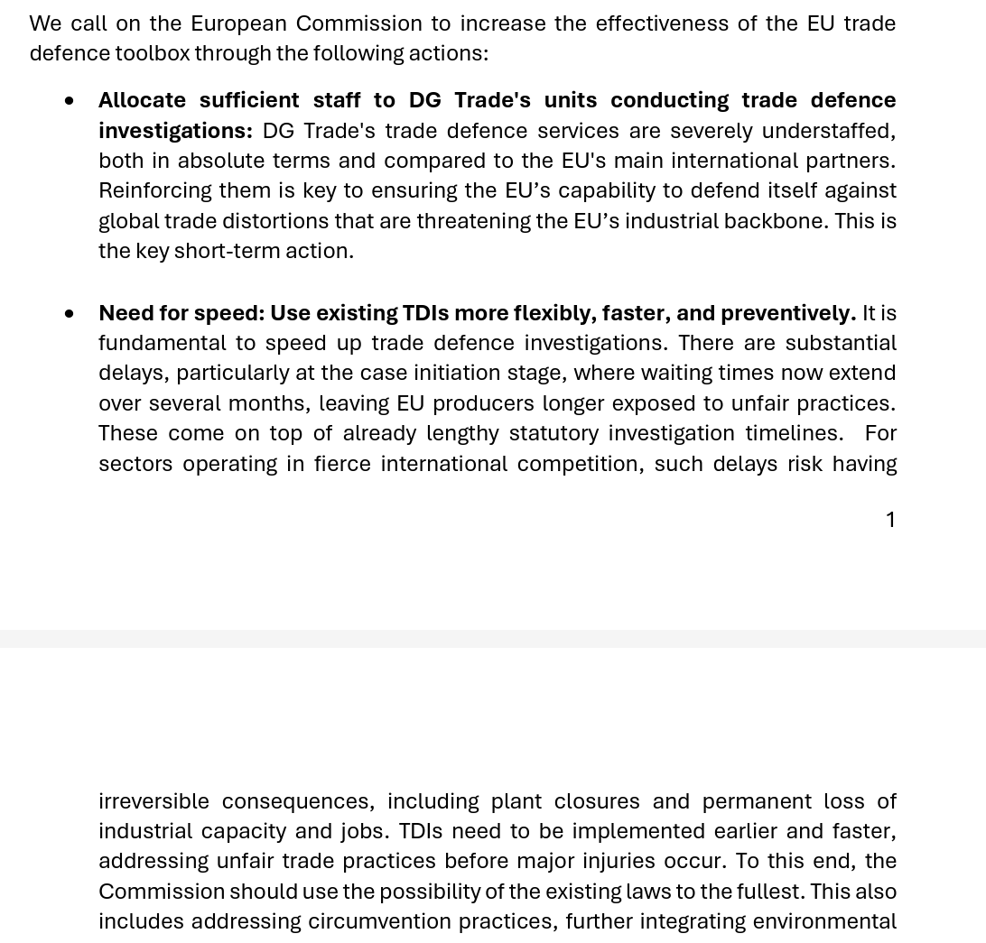 fbermingham's tweet photo. A coalition of 23 EU industry groups release a letter calling for a more aggressive trade policy to deal with "unfair trade practices and structural overcapacity/oversupply in non-market economies"

4 demands:

1. More trade defence staff
2. Use existing instruments earlier https://t.co/QjmlPGCscu
