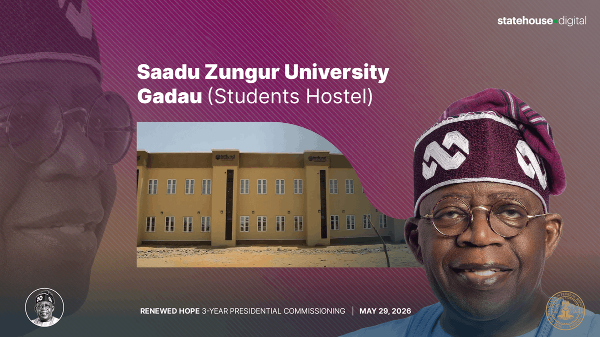 NGRPresident's tweet photo. SA'ADU ZUNGUR UNIVERSITY, GADAU

🇳🇬 NOW LIVE: President @officialABAT commissions the new Students' Hostel Building at Sa'adu Zungur University, Gadau Campus, Bauchi State.

A TETFund 2024 Annual Intervention project:
* Contract sum: ₦738,964,701.34
* Contractor: Anthill and Birdnest Engineering Ltd
* Completion period: 48 weeks
* Status: 100% complete and ready for use

Better student accommodation. Stronger learning environments. A tangible TETFund win for the North East.

Watch live: https://t.co/2mHvGFT2Lm

#RenewedHope #TETFund
